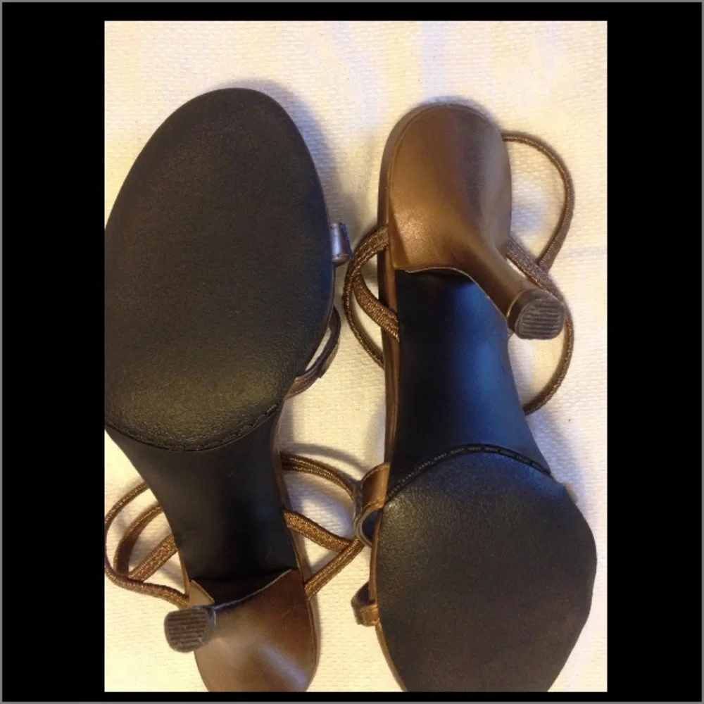 Metallic Bronze Heels Strappy Stiletto Party Sandals Shimmer Elastic Size 6.5M